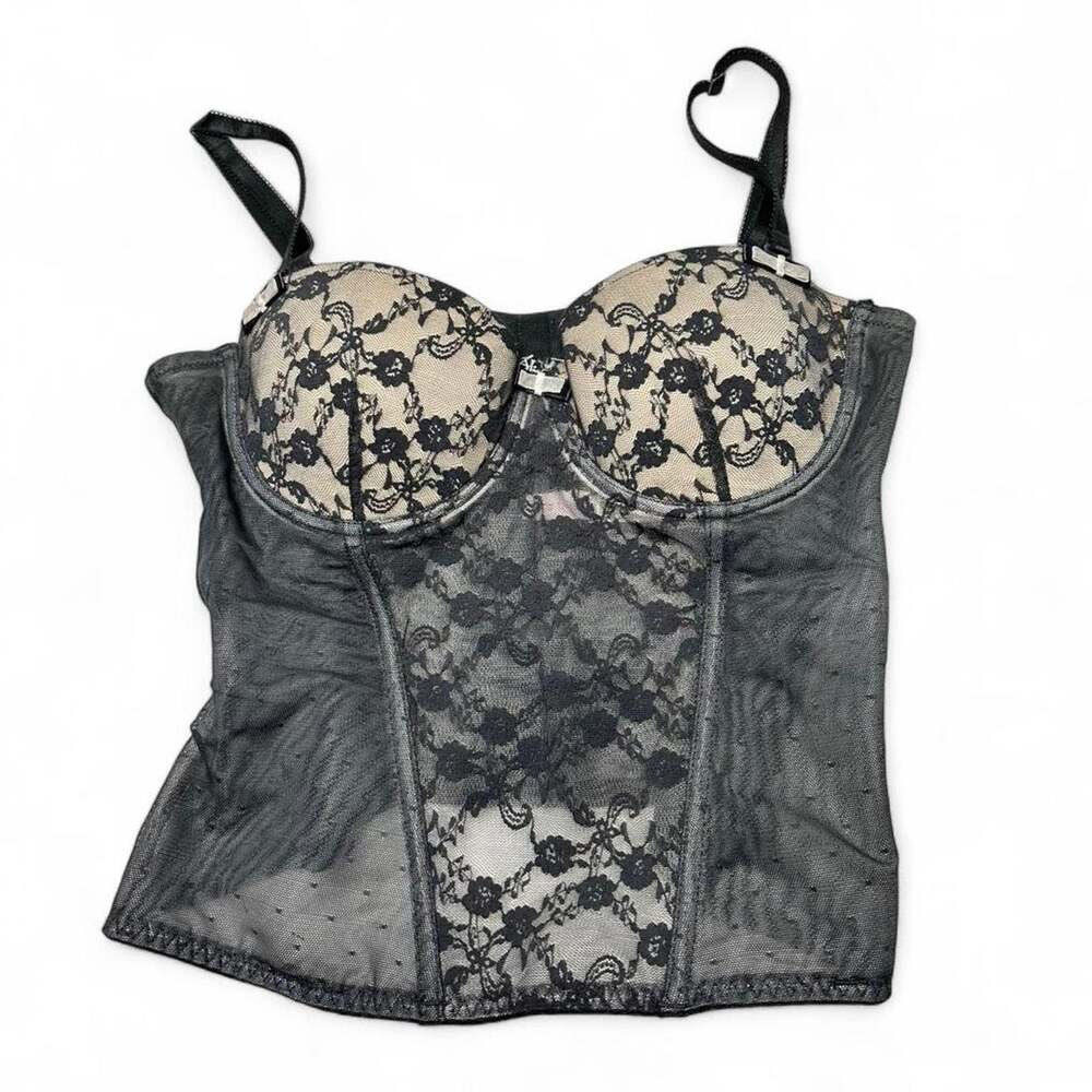 Blush Y2K Vintage Sheer Polka Do Lace Trim Corset Lingerie Top Size Medium